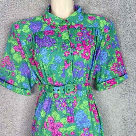 Ken Scott VTG 70s Shirt Dress Womens Sz M/L (EU 48) Green Floral Made in Italy - Picture 2 of 15